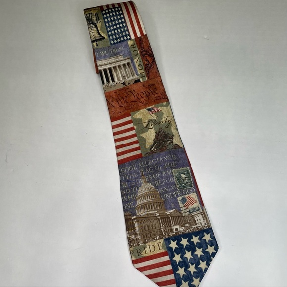 Eagles Wings Neck Tie Patriotic We The People Flag Capital Postal Stamps Silk - Picture 1 of 6